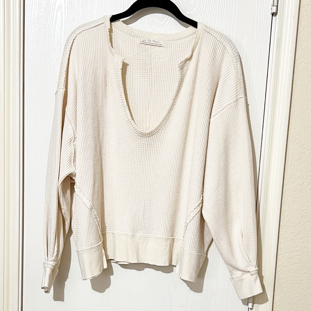 Free People Cream Scoop Neck Waffle Knit Crop Sweater Distressed Oversized XS